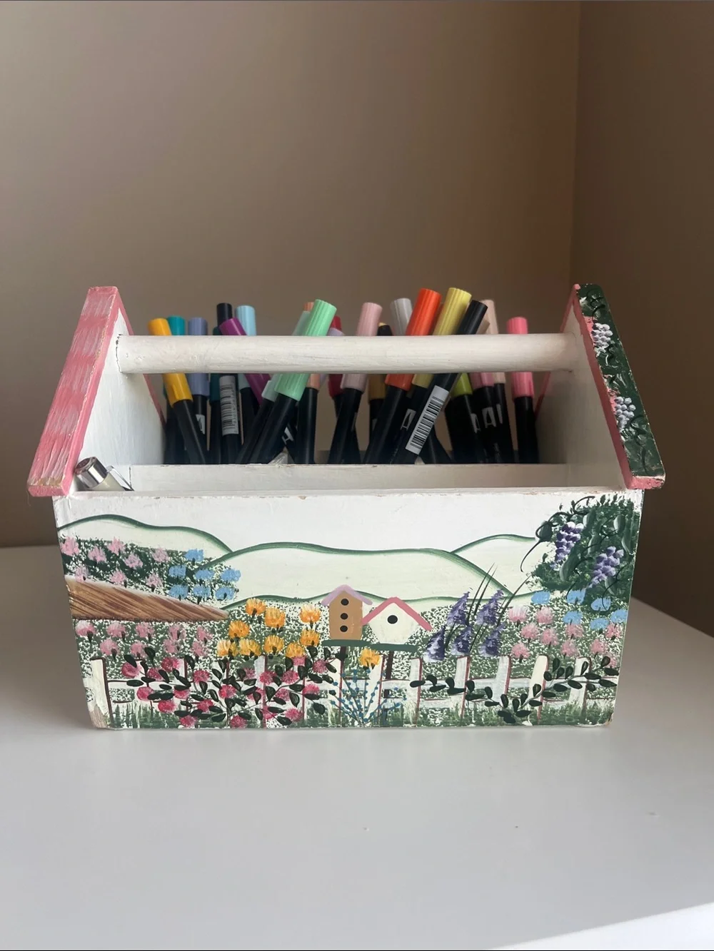 Hand Painted Floral Wooden Decorative Pen & Marker Holder in Multicolor